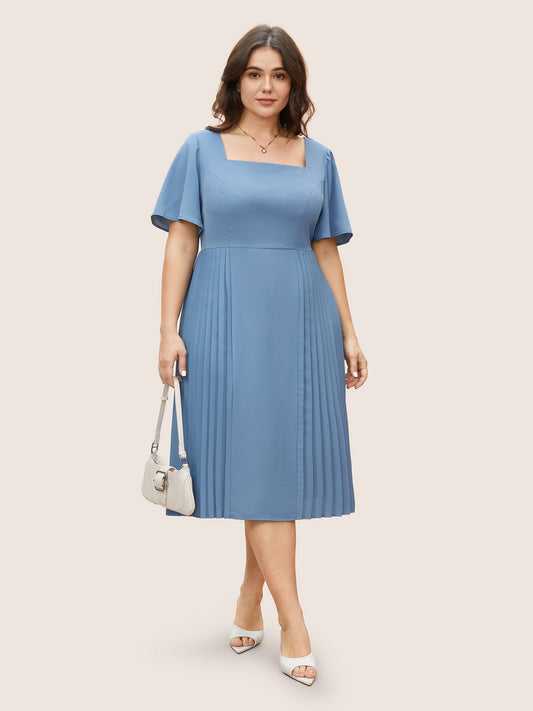 Square Neck Plain Pleated Ruffle Sleeve Dress