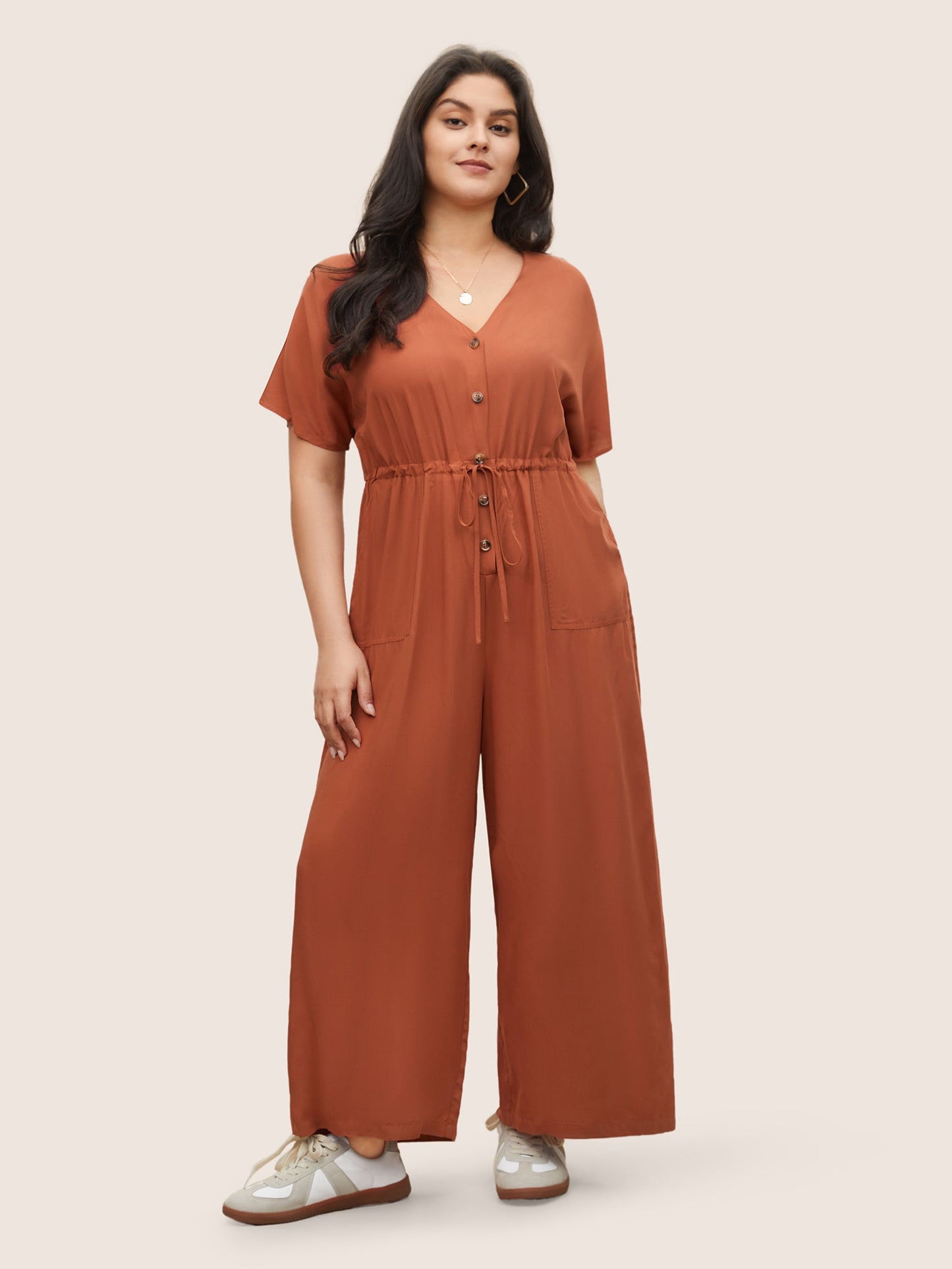 Plain Button Up Drawstring Gathered Pocket Jumpsuit