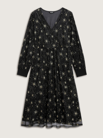 Star Moon Mesh Cinched-Waist Midi Dress
