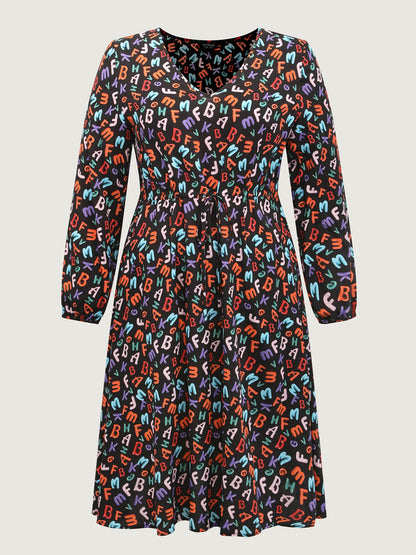 Alphabetical Print Drawstring Adjustable Waist Midi Dress