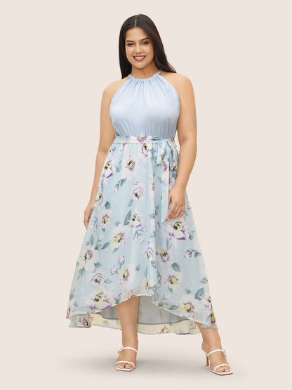 Floral Patchwork Halter Ties High Low Hem Dress