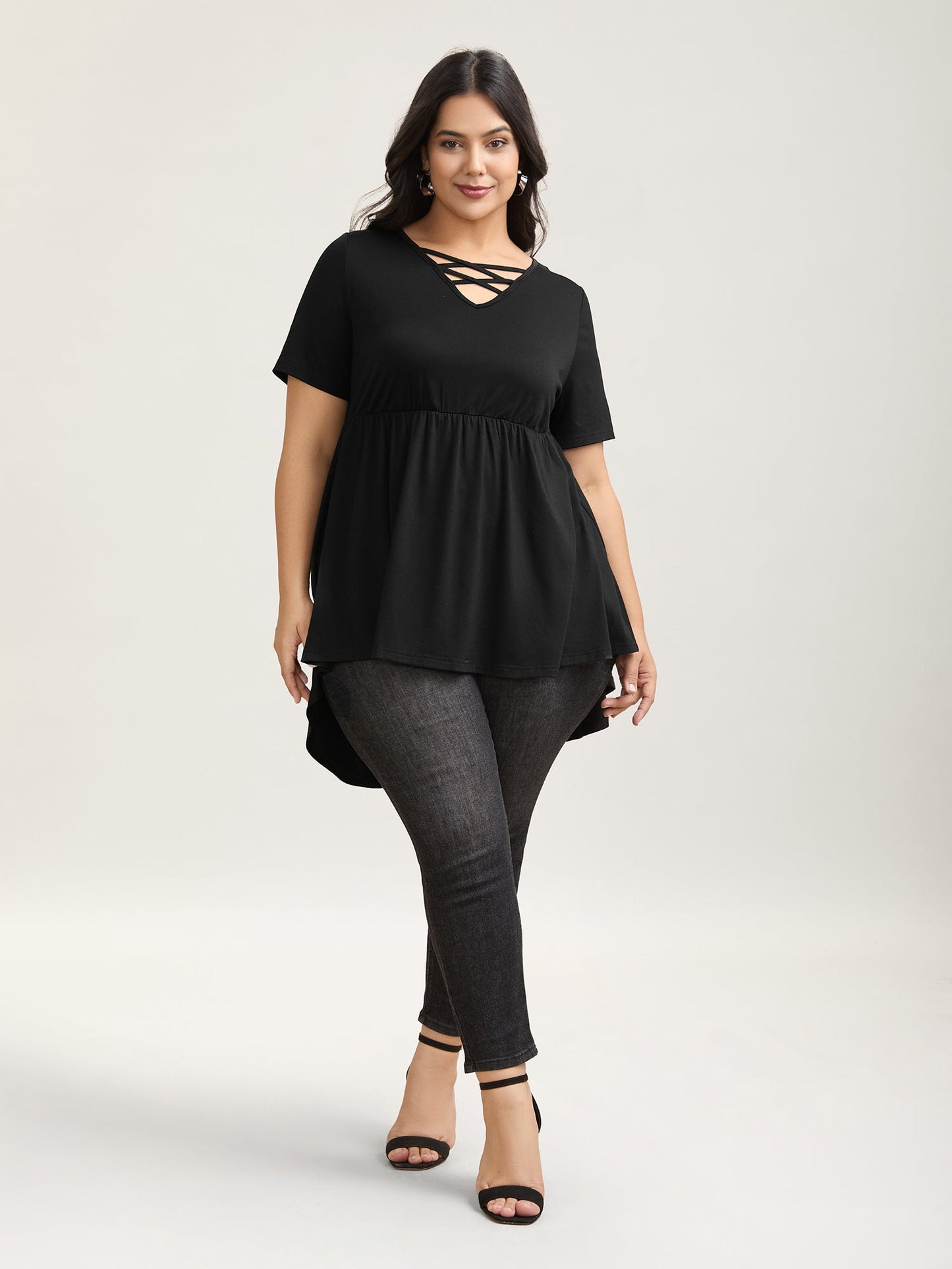 Neck Tie-Up Stretchy Peplum Top