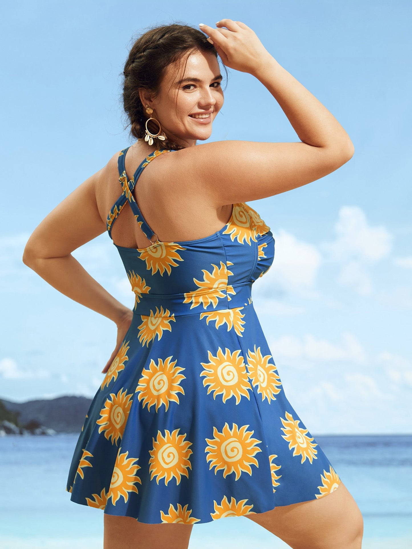 Heart Neckline Sun Print Crossover Swim Dress