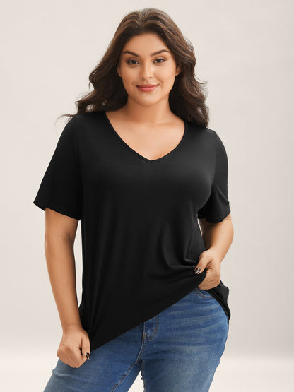 Stretchy Back Cut-Out V-Neck T-Shirt