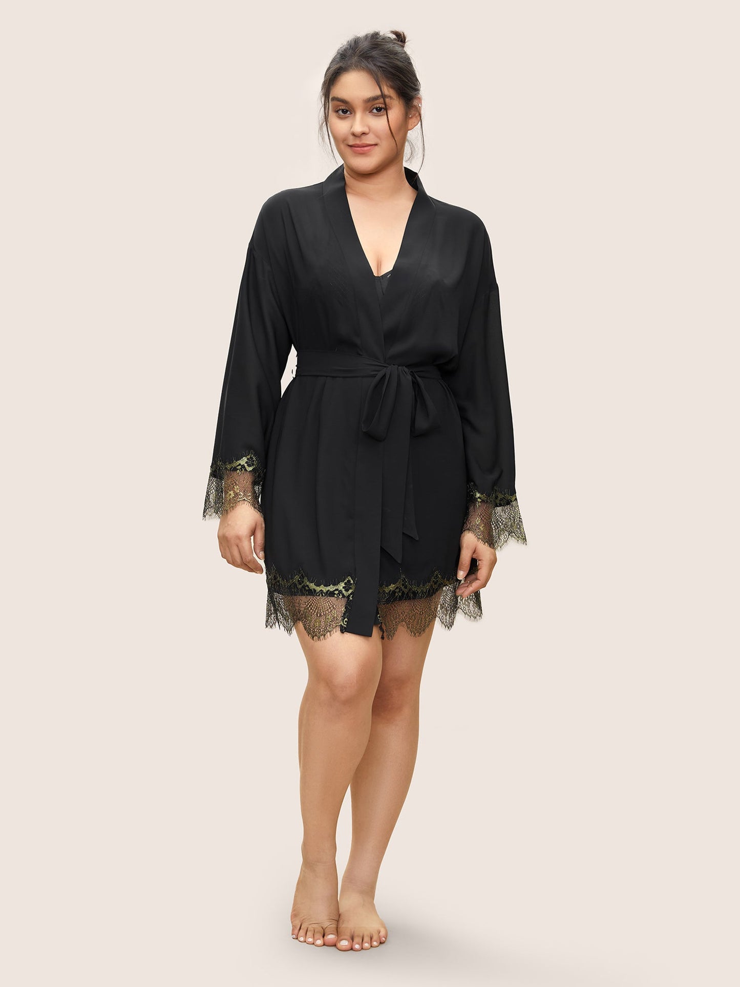 Contrast Lace Patchwork Scalloped Trim Belted Robe