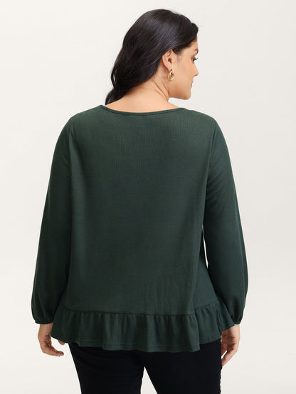 Embroidered Waffle Ruffled Hem Knit Top