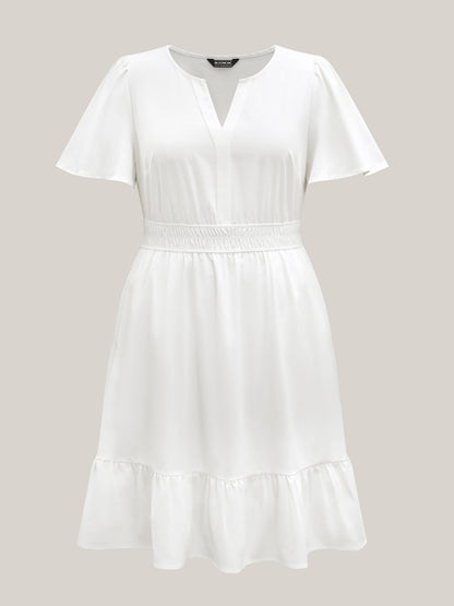 Woven Shirred Waist Split Neck Midi Dress