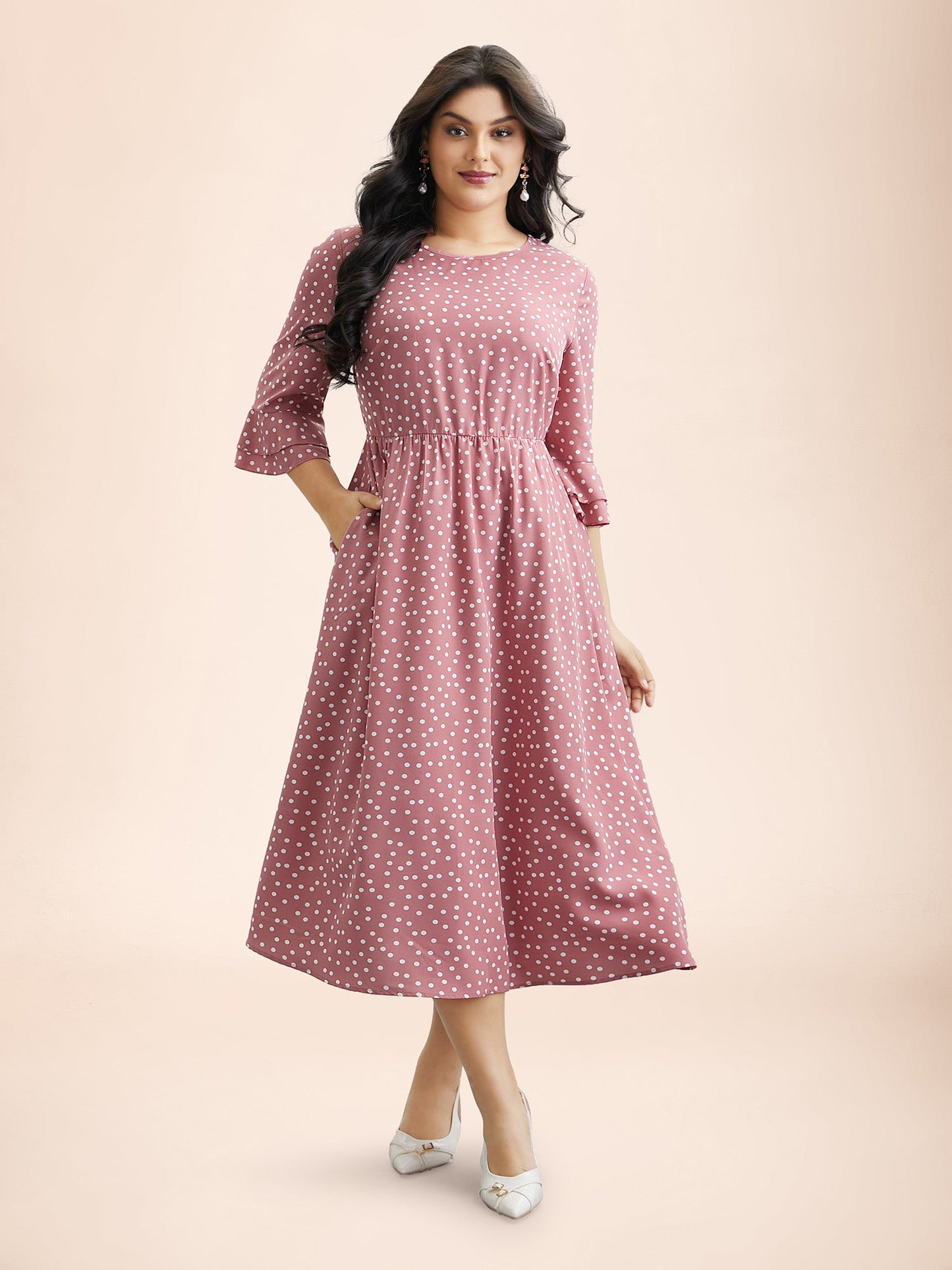 Polka Dot Print Tiered Ruffles Sleeve Midi Dress