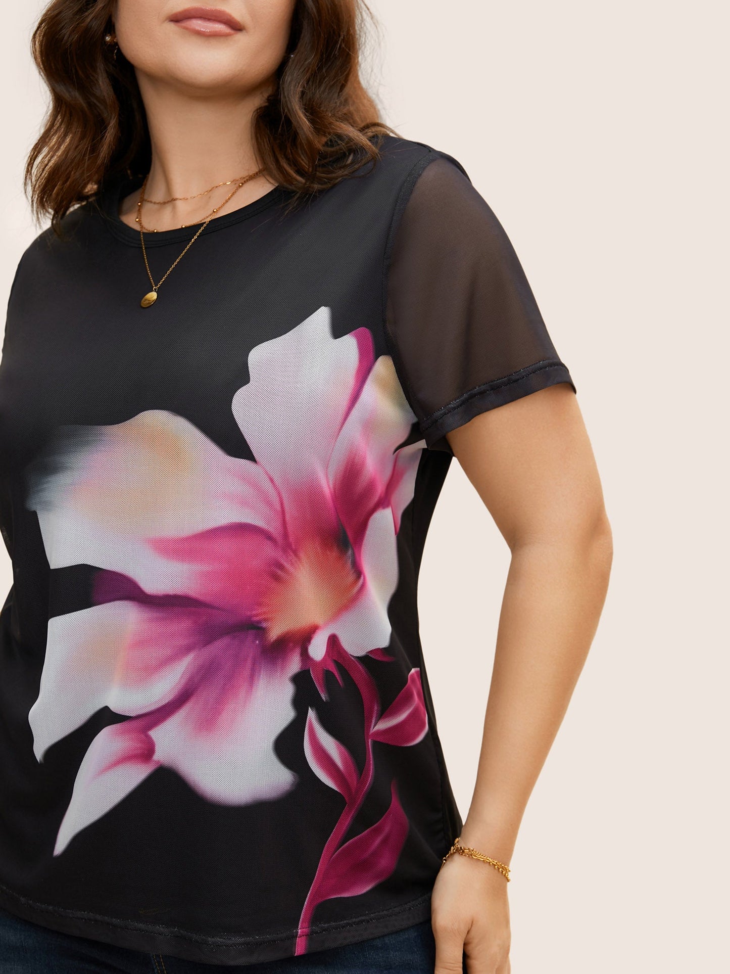 Round Neck Lily Print Patchwork Mesh T-shirt