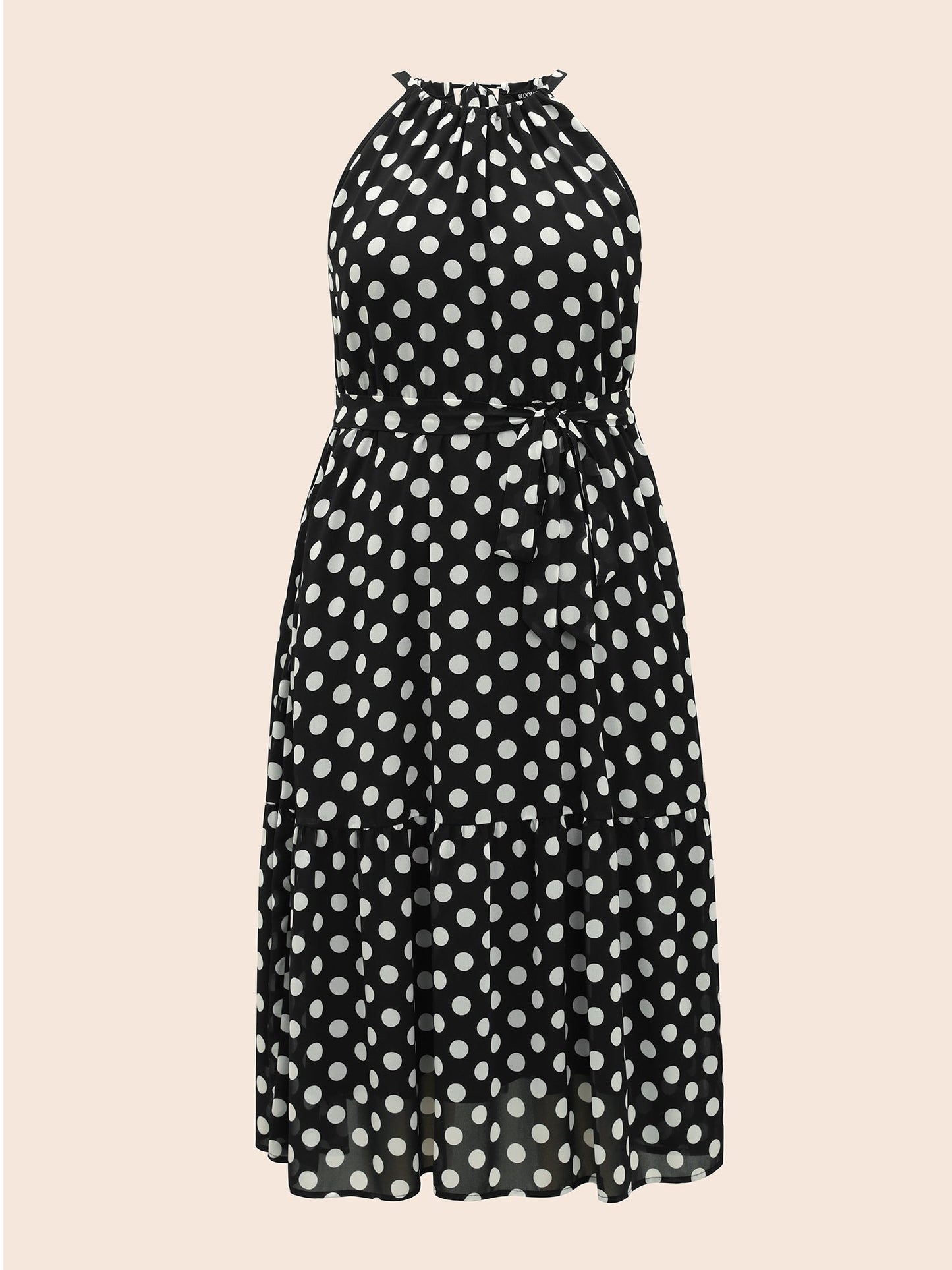 Halter Polka Dot Ruffle Hem Belted Dress