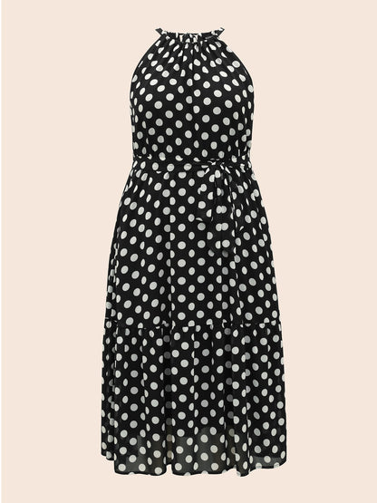 Halter Polka Dot Ruffle Hem Belted Dress