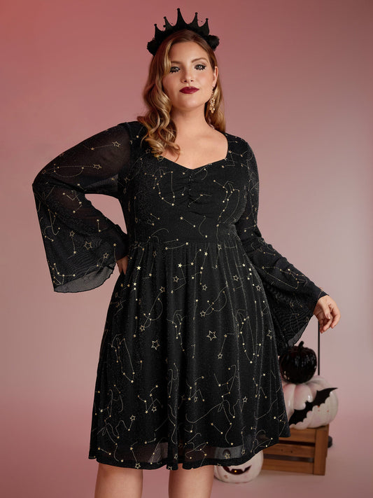 Starry Silk Mesh Flared Sleeve Midi Dress
