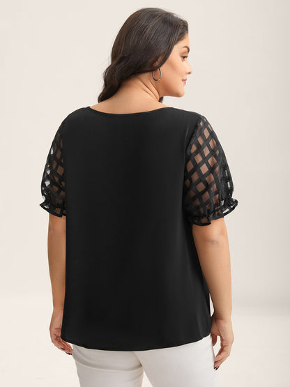 Sheer Grid Neck Keyhole Blouse