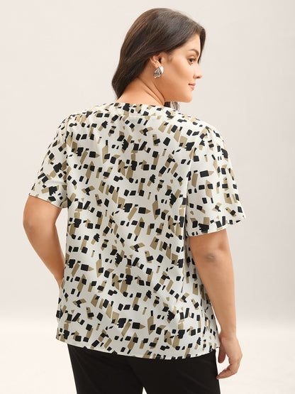 Geometric Print Ribbon Collar Blouse