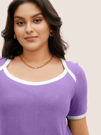 Asymmetrical Neck Contrast Trim Pit Strip T-shirt