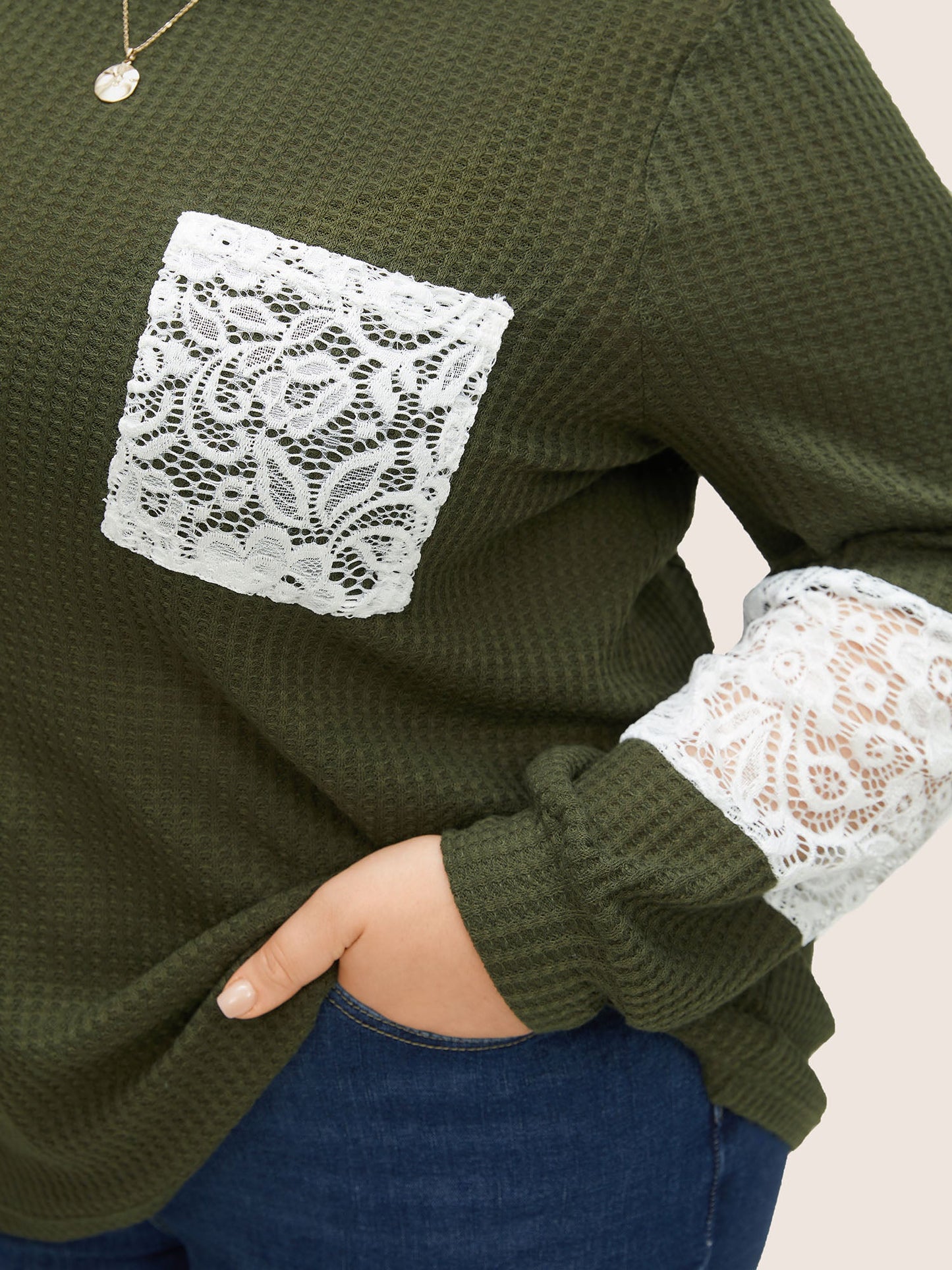 Waffle Knit Contrast Lace Patchwork T-shirt