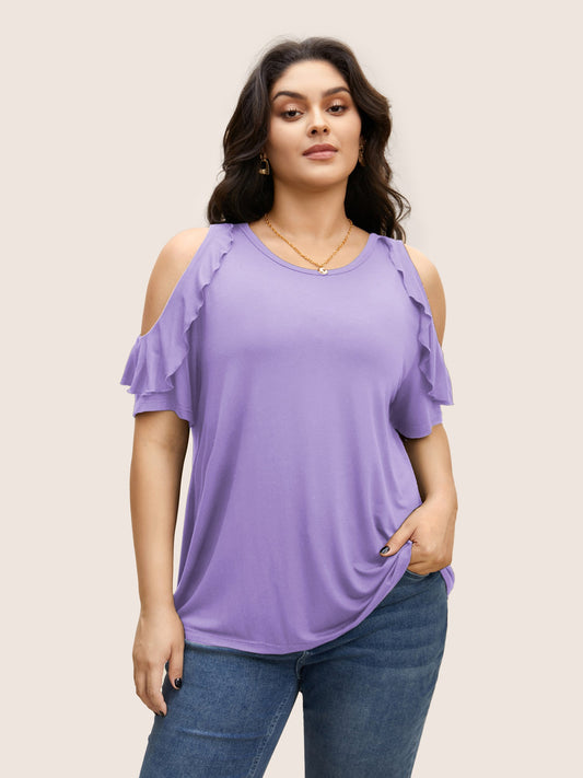 Solid Cold Shoulder Ruffle Trim T-shirt