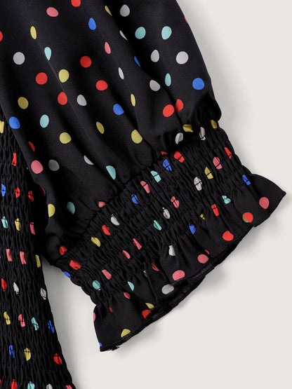 Colorful Polka Dots Shirred Bodice Midi Dress