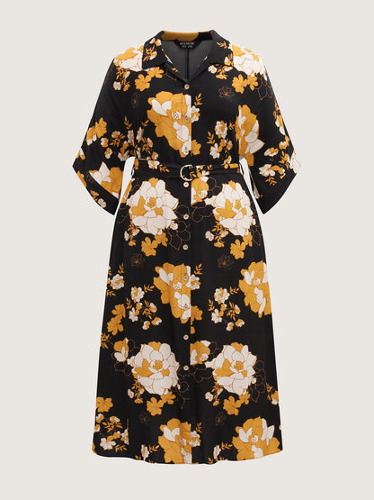 Large Flower Print Button Slit Maxi Dress