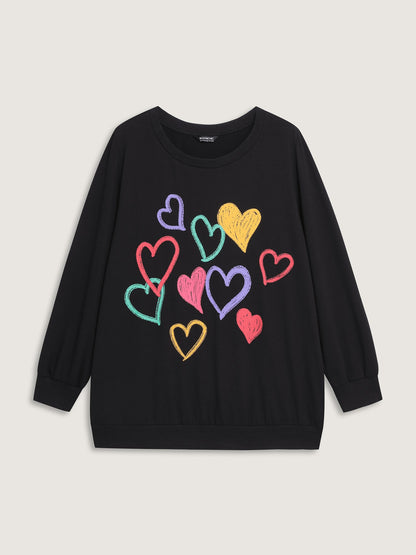 Colorful Foam Printed Hearts Stretchy Hem Sweatshirt