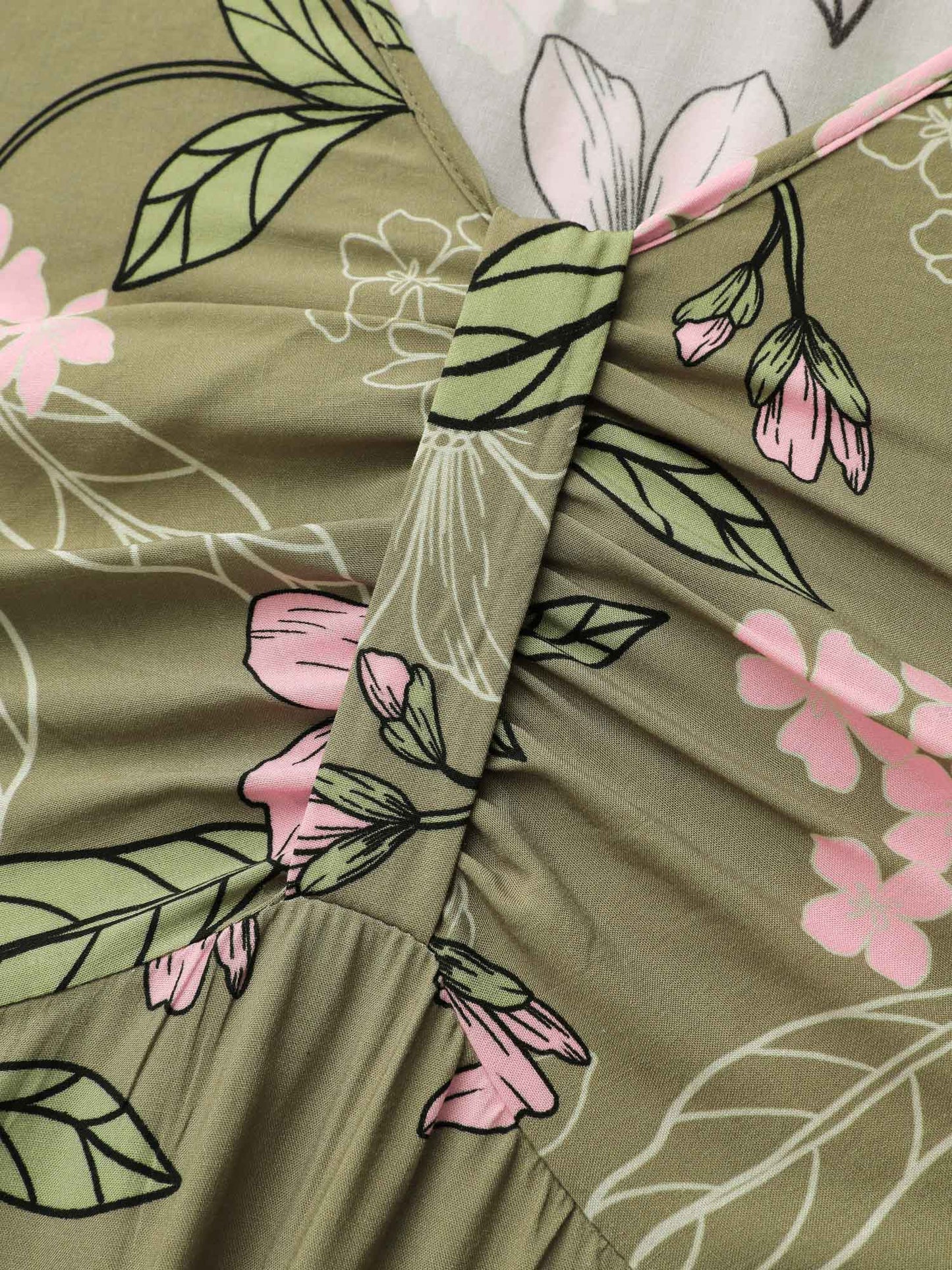 Garden Print Ruched V-Neck Maxi Dress