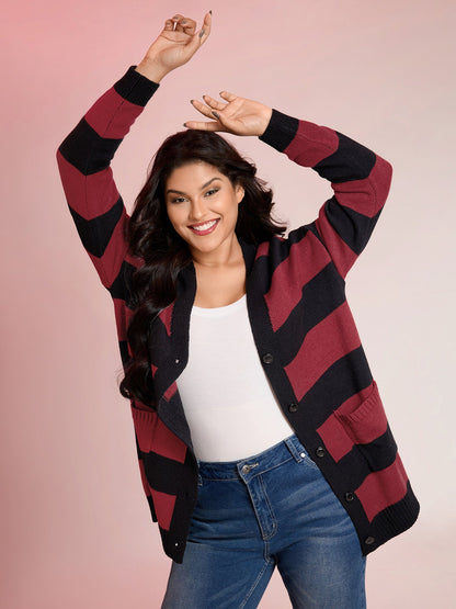 Colorblock Pockets Button Straight-Front Cardigan