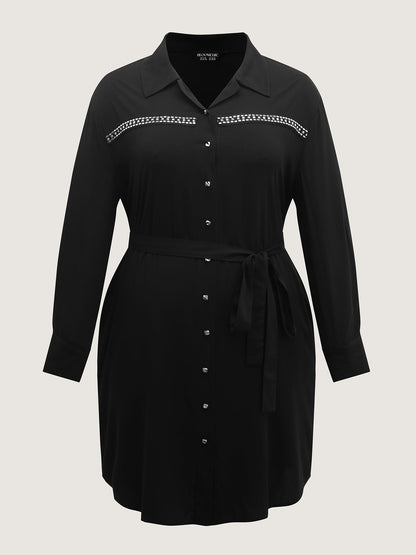 Pleated Belted Waist Midi Shirt Dress