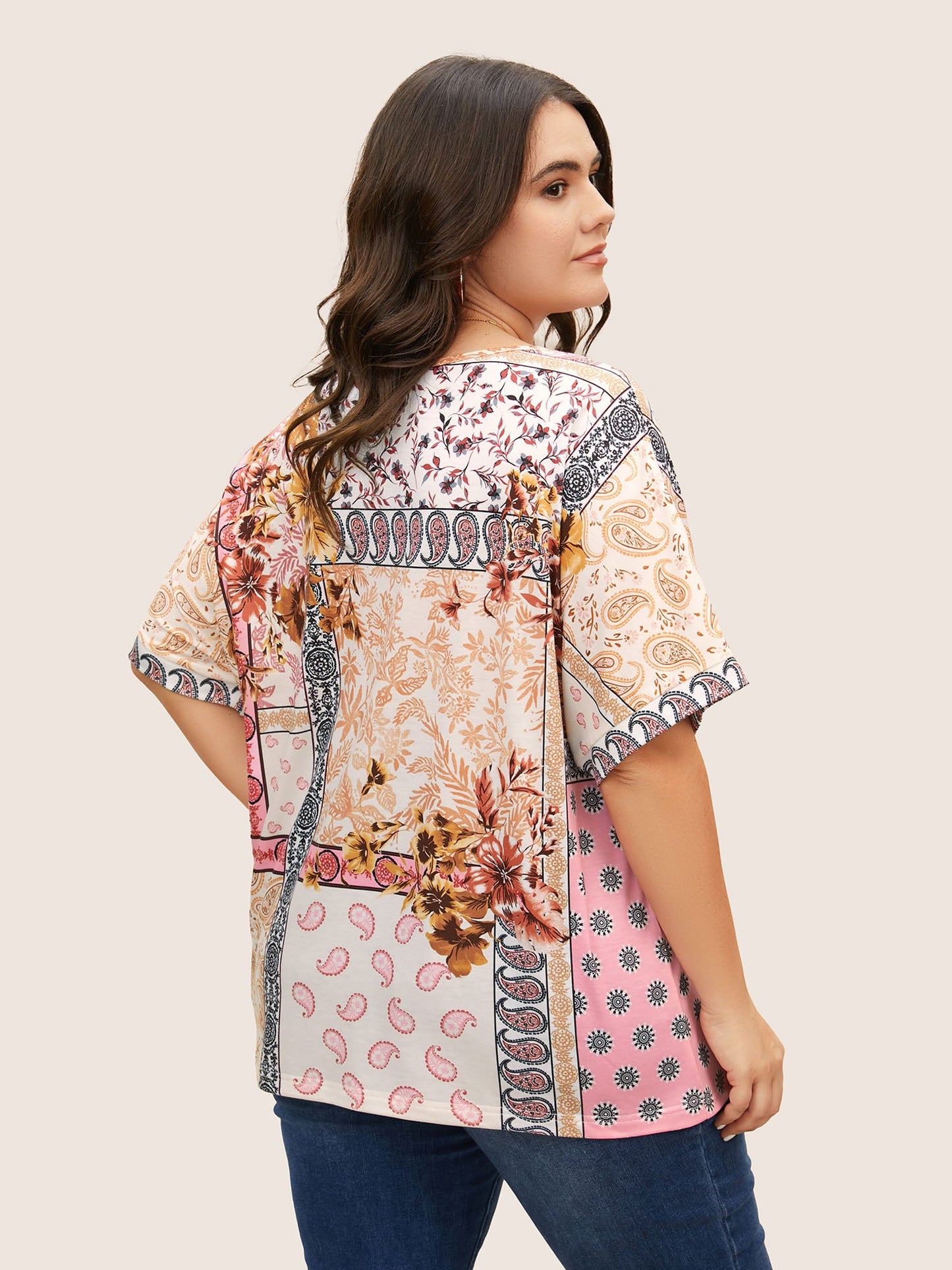 Round Neck Boho Print Patchwork T-shirt