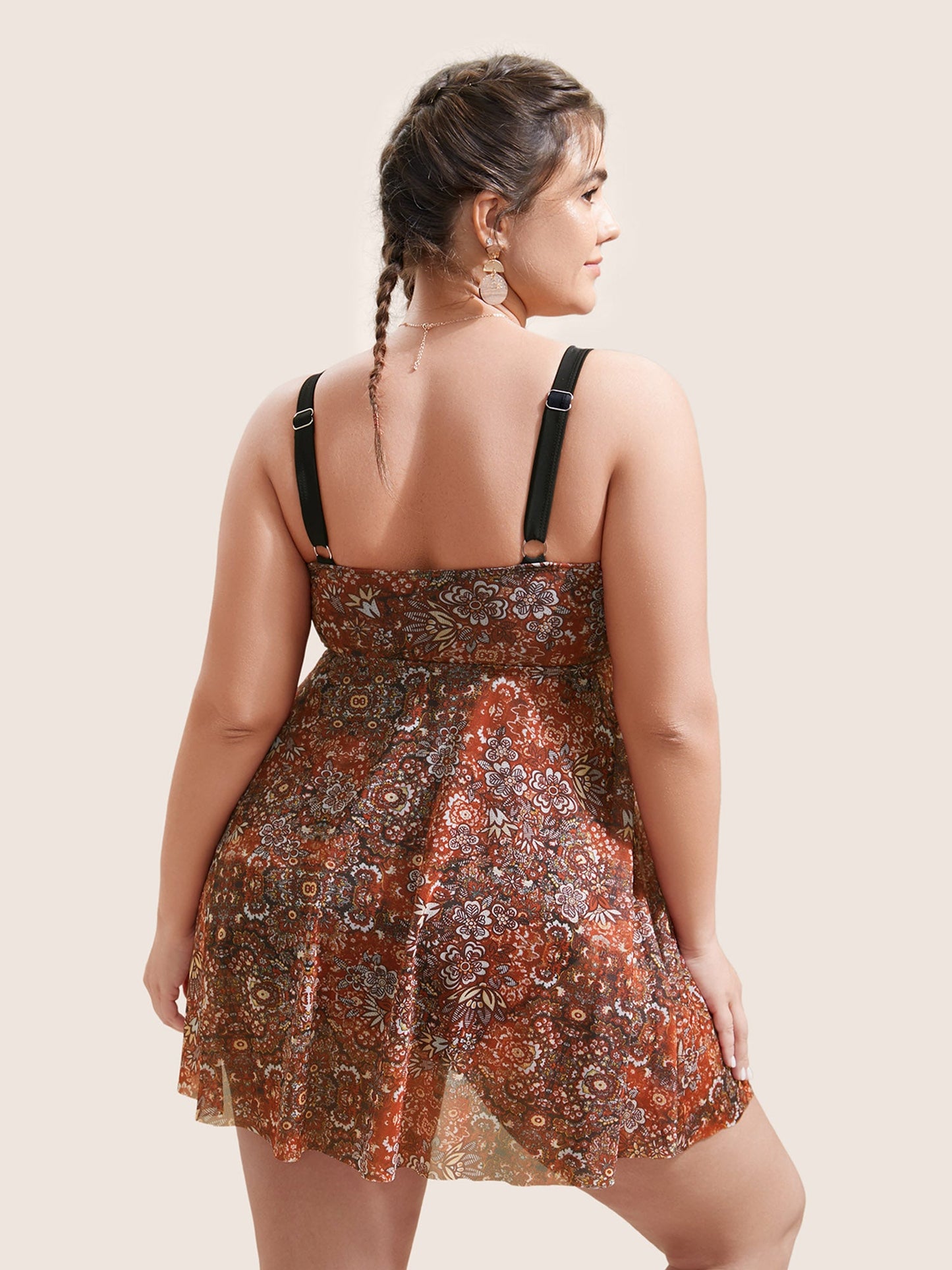 Bandana Print Adjustable Straps Mesh Swim Dress