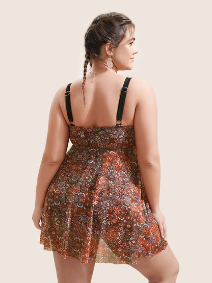Bandana Print Adjustable Straps Mesh Swim Dress