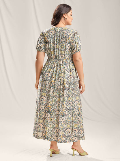 Ornate Print Lace Neck Midi Dress