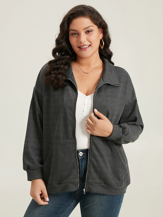 Lapel Collar Zip-Front Pockets Jacket