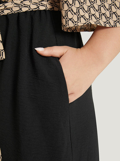 Geometric Patchwork Pocket Belted Cold Shoulder Dress