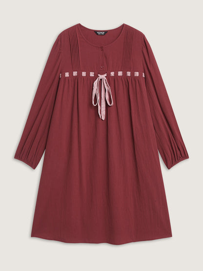 Cotton Webbed Stripe Button A-Line Midi Dress