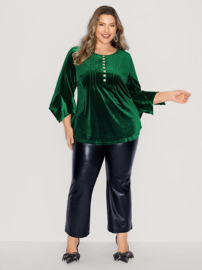 Velvet Pleated Button Neckline Blouse