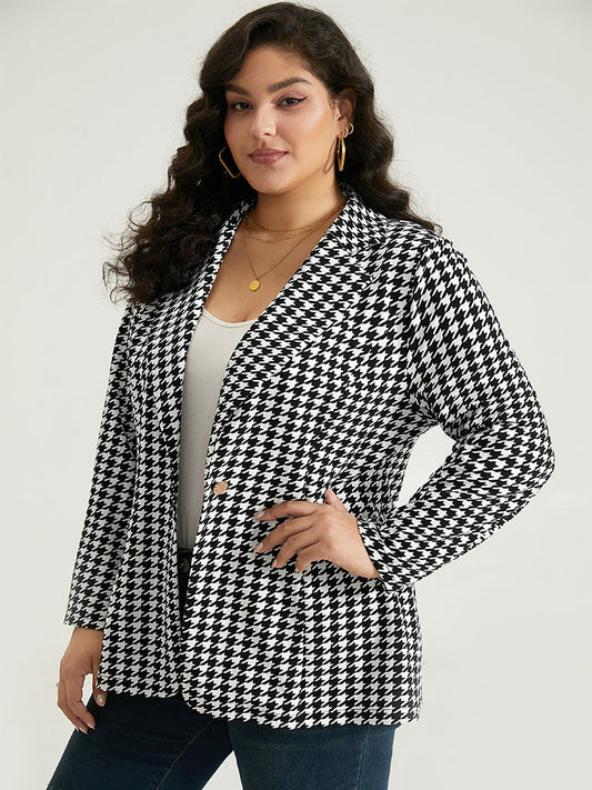 Houndstooth Button Up Suit Collar Blazer