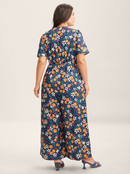 Abstract Floral Print Button Jumpsuit