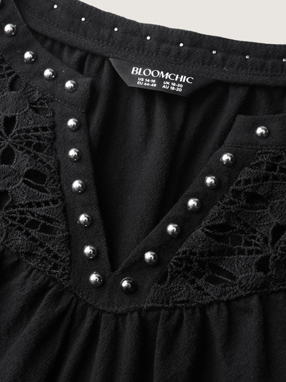 Lace Trim Rivets Cut-Out Blouse