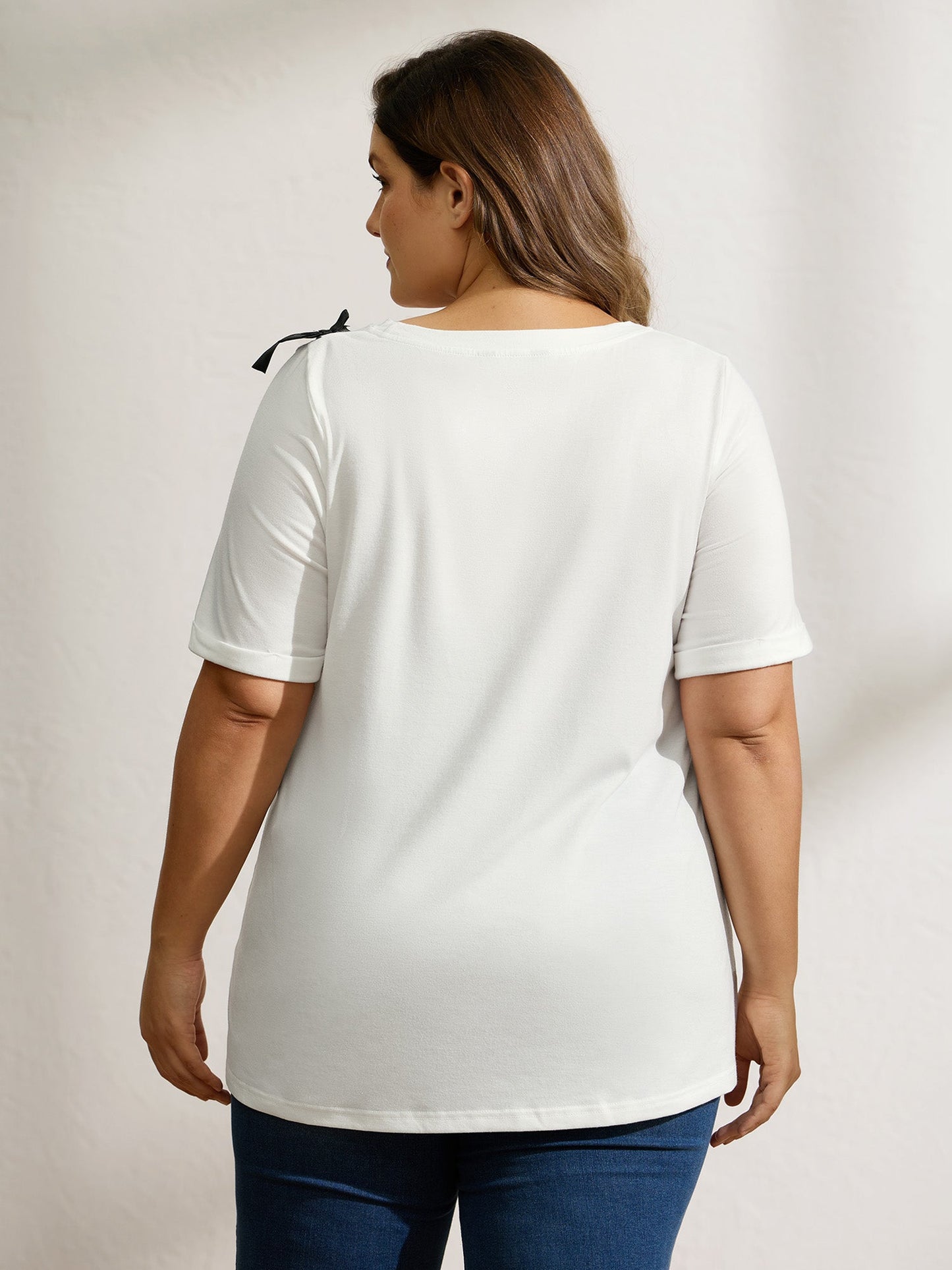 Bowknot Slit Round Neck T-Shirt