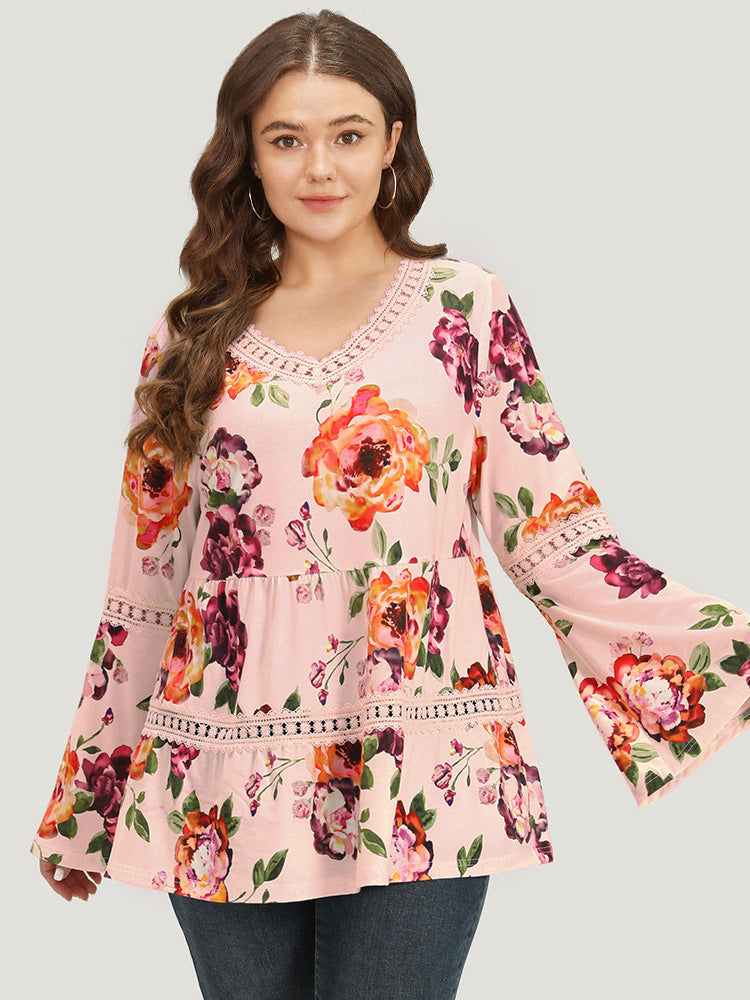 Floral Print Lace Panel Bell Sleeve T-shirt