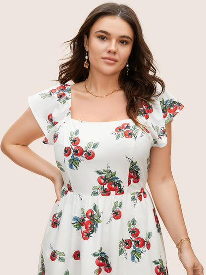 Tomato Print Square Neck Ruffle Cap Sleeve Dress