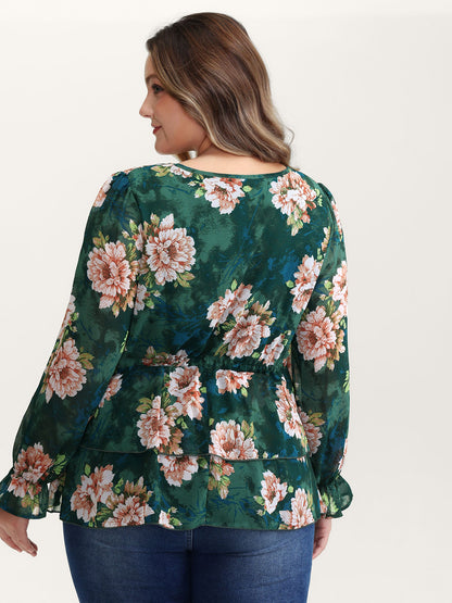 Sheer Floral Print Tie Flared Blouse