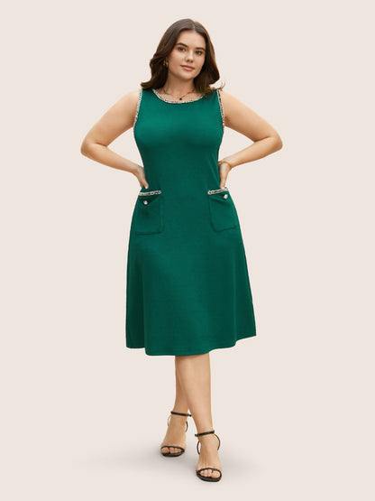 Round Neck Contrast Webbing Patched Pocket Dress