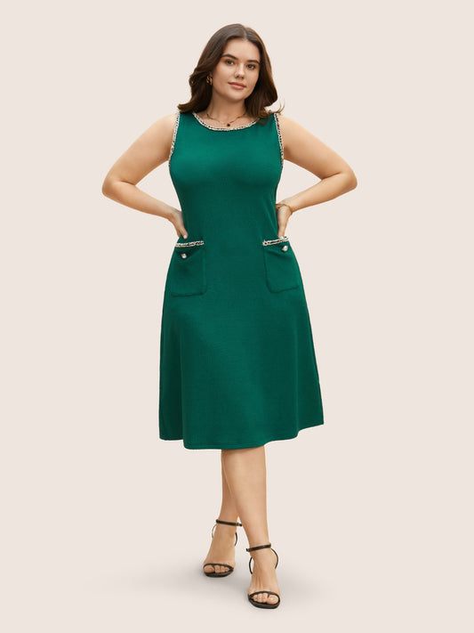 Round Neck Contrast Webbing Patched Pocket Dress