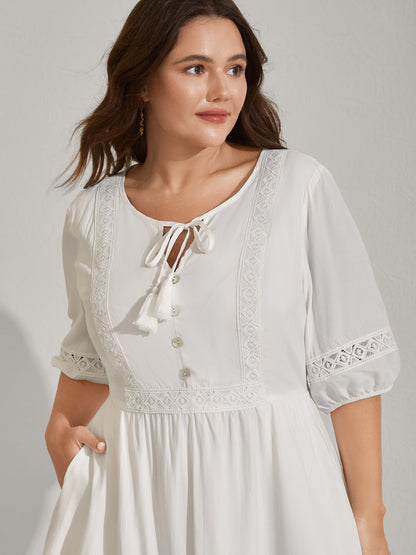 Rayon Lace Trim Cinched-Waist Midi Dress
