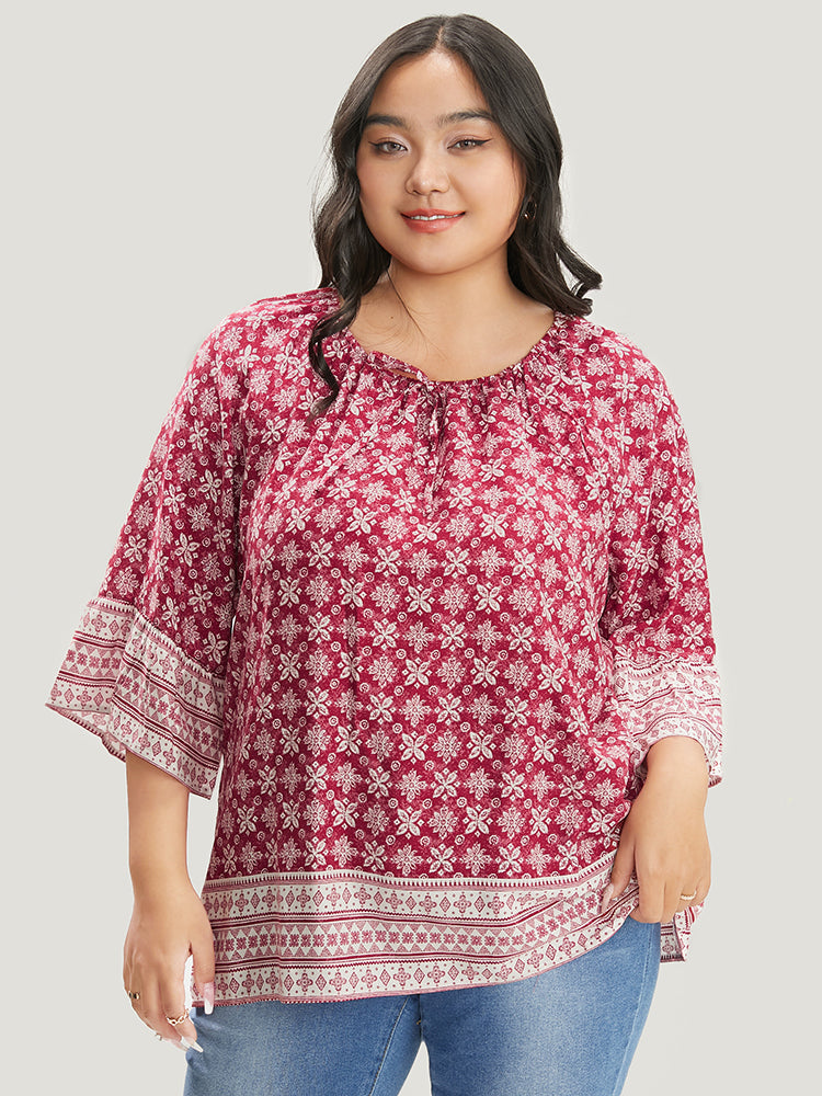 Floral Print Bell Sleeve Knotted Round Neck Blouse