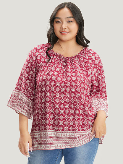 Floral Print Bell Sleeve Knotted Round Neck Blouse