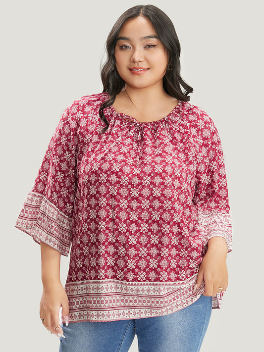 Floral Print Bell Sleeve Knotted Round Neck Blouse