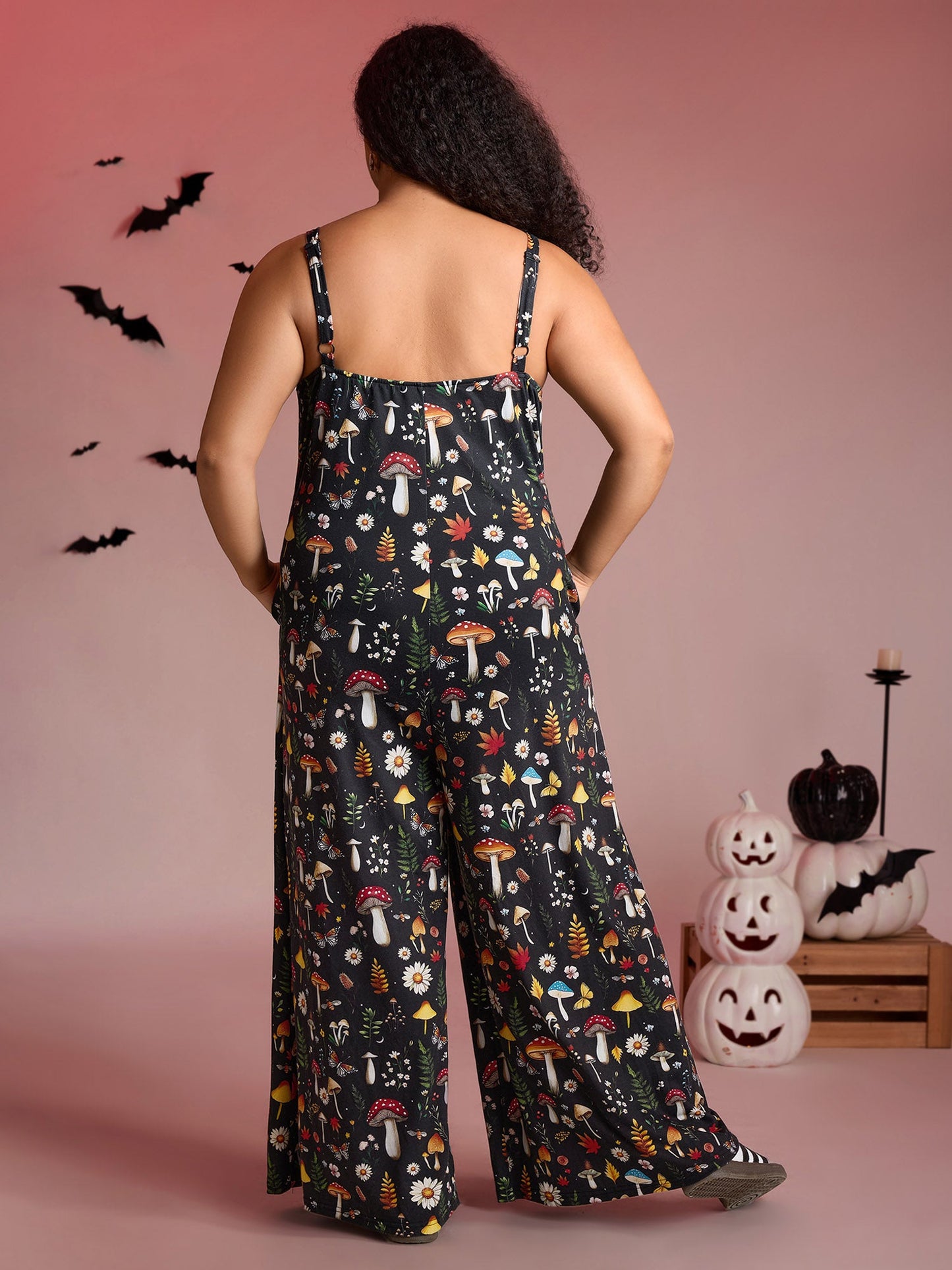 Halloween Mushroom Print Pockets Cami Jumpsuit