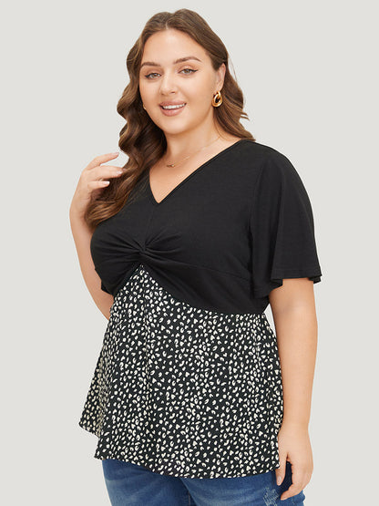 Leopard Patchwork Twist Ruffle Sleeve Blouse